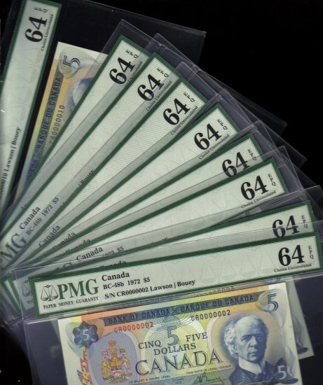 # 2,3,4,5,6,7,8,9,10 $5 1972 BANK OF CANADA PMG 64 including lucky #8