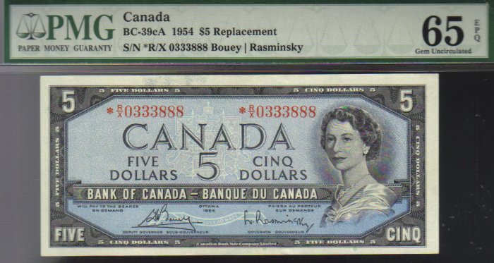 asterisk replacement*R/X $5 1954 BANK OF CANADA PMG 65