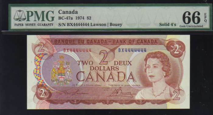 4444444 BANK OF CANADA PMG 66 $2 1974 RADAR & SOLID