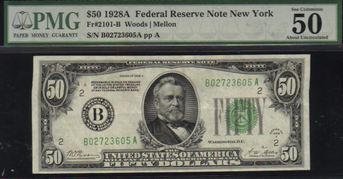$50 1928 A NEW YORK federal reserve note Fr-2101 PMG 50