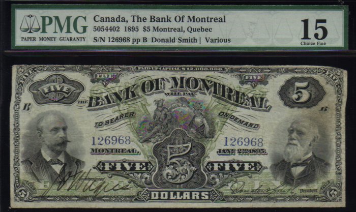 $5 1895 BANK OF MONTREAL canada banknote PMG 15 scarce!