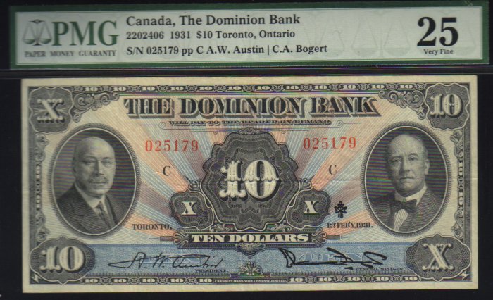 $10 1931 THE DOMINION BANK canada banknote PMG 25