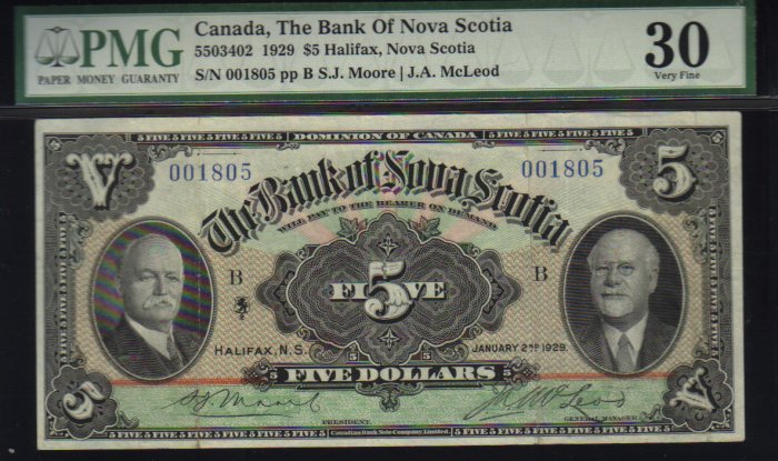 $5 1929 BANK OF NOVA SCOTIA banknote PMG 30