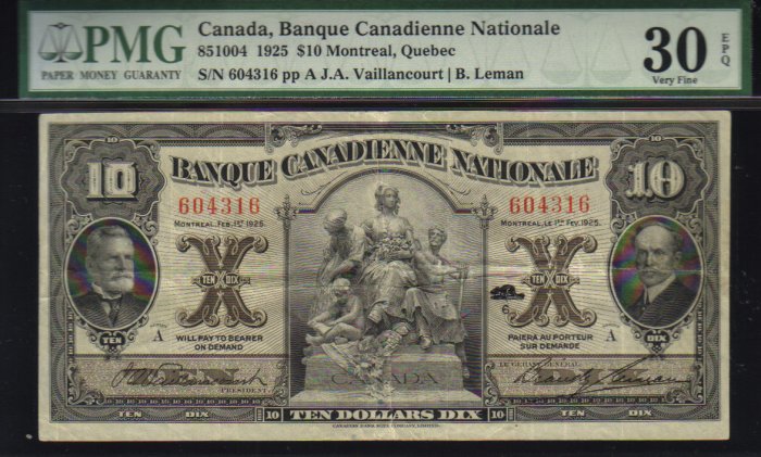 $10 BANQUE CANADIENNE NATIONALE banknote PMG 30 scarce