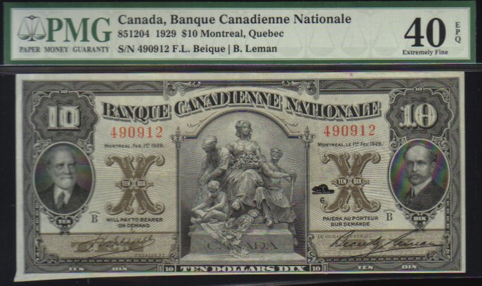 $10 BANQUE CANADIENNE NATIONALE banknote PMG 40 scarce !