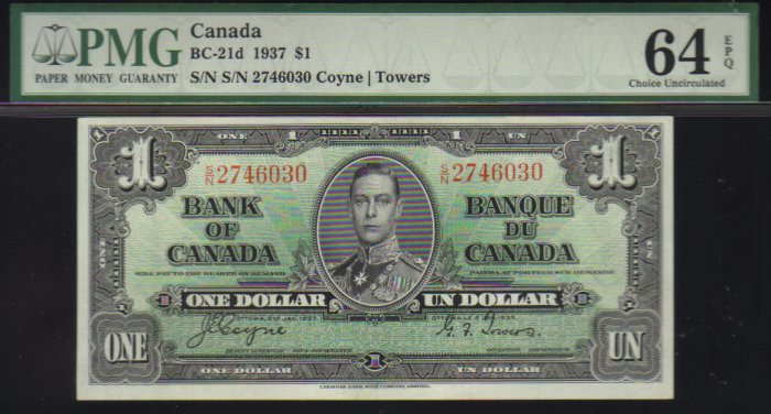 1937 $1 BANK OF CANADA PMG 64 choice unc BC-21d