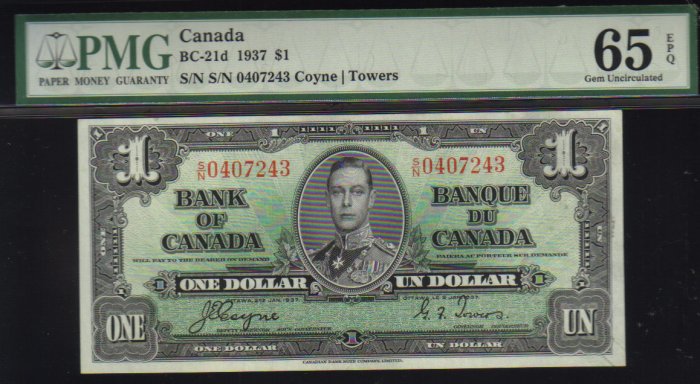 1937 $1 BANK OF CANADA PMG 65 choice unc BC-21d
