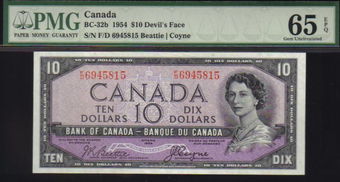 DEVILS FACE $10 BANK OF CANADA 1954 PMG 65 gem unc