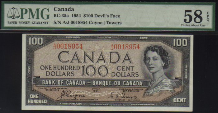 DEVILS FACE $100 BANK OF CANADA 1954 BC-35a PMG 58 EPQ