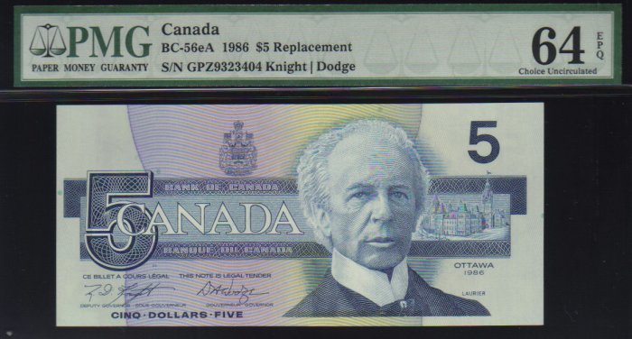 1986 $5GPZ replacement BANK OF CANADA BC-56eA PMG 64 EPQ