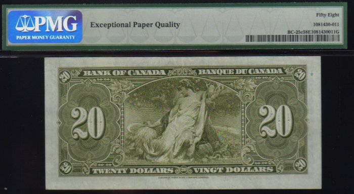 1937 $20 H/E BANK OF CANADA BC-25c PMG 58 EPQ changeover RaDaR