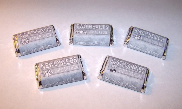 120 Personalized Wedding or Bridal Favor Miniature Candy Wrappers Art Deco Floral Pattern