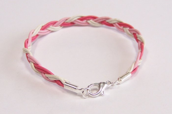 Pink and White Braided Leather Bracelet - Breast Cancer Awareness