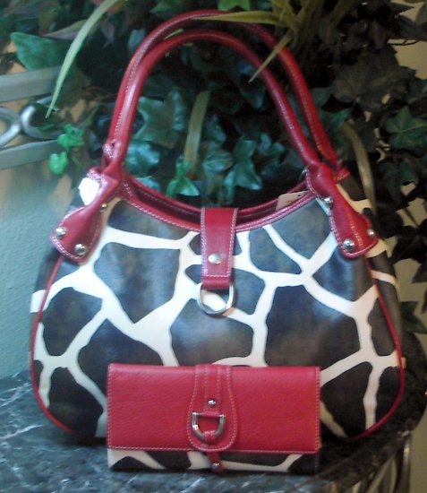 Giraffe Designer Inspired Red Trim Satchel Handbag