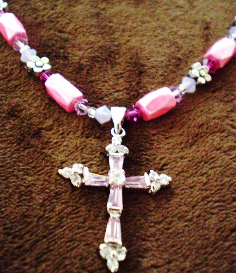 Hot Pink, magenta & silver "cross" necklace with magnetic hematite