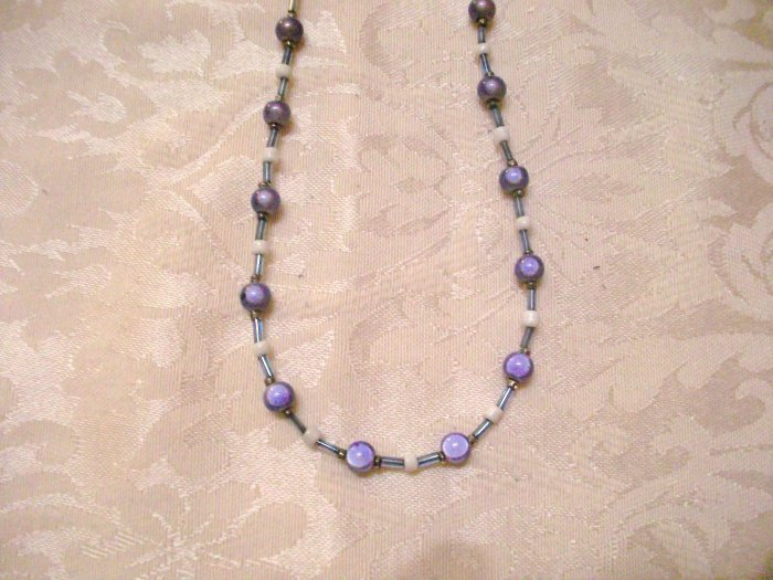 Purple and White Beaded Necklace