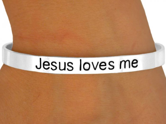 Christian Polished Silver "Jesus Loves Me" Cuff Bracelet