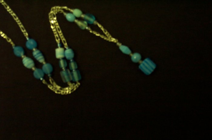Long Silver Blue Glass Bead Necklace