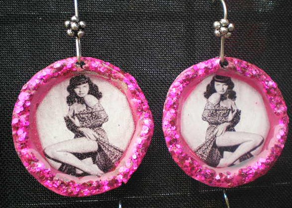 Pink Betty Page Bottle Cap Earings