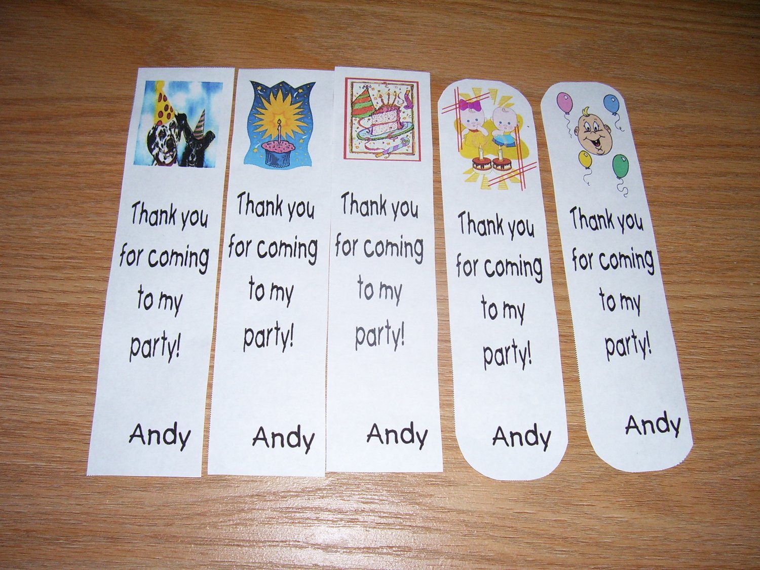 25 Personalized Bookmarks Thank you for coming to my party - "Andy"