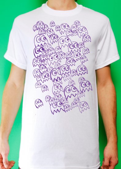 Pac Man Ghost Party Mens Light Blue and Purple ink on White T-shirt
