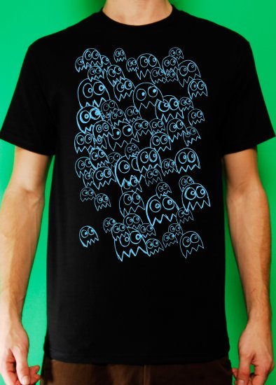 Pac Man Ghost Party Mens Blue ink on Black T-shirt