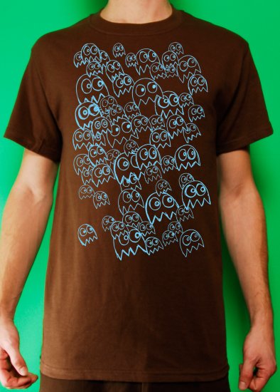 Pac Man Ghost Party Mens Blue ink on Brown T-shirt