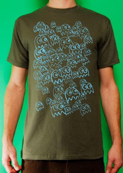 Pac Man Ghost Party Mens Blue ink on Military T-shirt