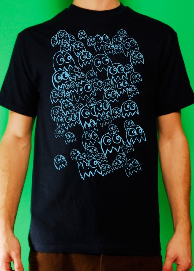 Pac Man Ghost Party Mens Blue ink on Navy T-shirt