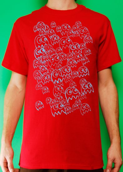 Pac Man Ghost Party Mens Blue ink on Red T-shirt