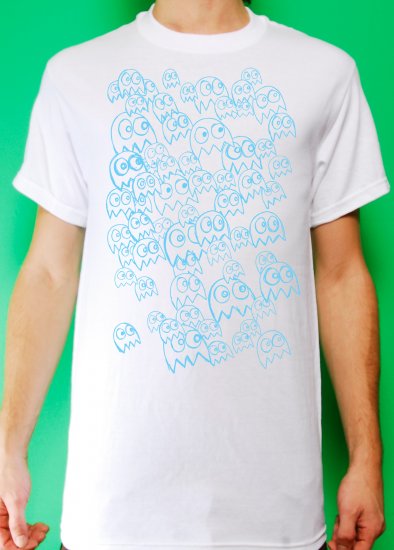 Pac Man Ghost Party Mens Blue ink on White T-shirt