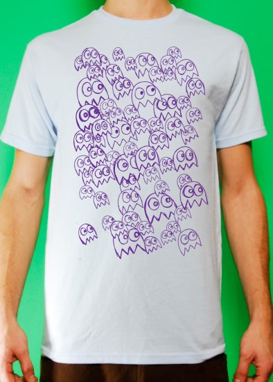 Pac Man Ghost Party Mens Purple ink on Light Blue T-shirt