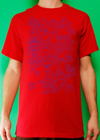 Pac Man Ghost Party Mens Purple ink on Red T-shirt