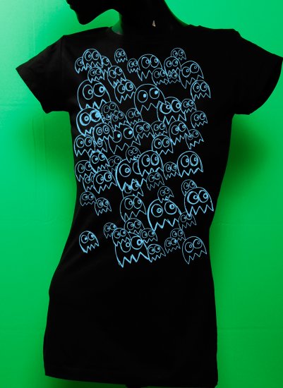 Pac Man Ghost Party Womens Blue ink on Black T-shirt