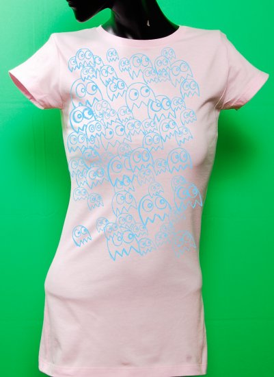 Pac Man Ghost Party Womens Blue ink on Pink T-shirt