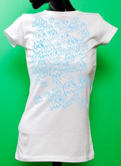 Pac Man Ghost Party Womens Blue ink on White T-shirt