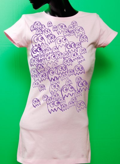 Pac Man Ghost Party Womens Purple ink on Pink T-shirt