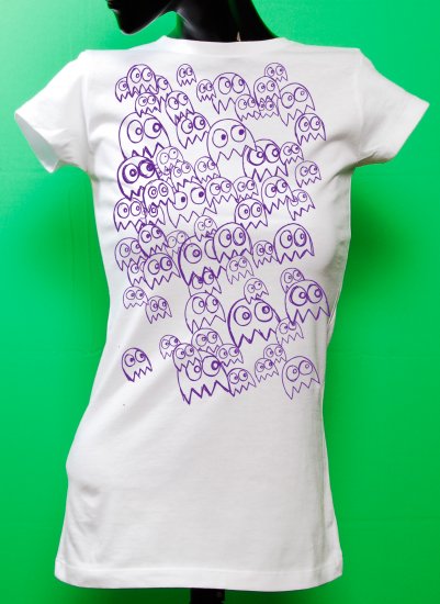 Pac Man Ghost Party Womens Purple ink on White T-shirt