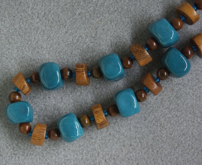 "Wood-Teal" necklace with wood, ceramic, Czech glass and tiger iron beads and copper