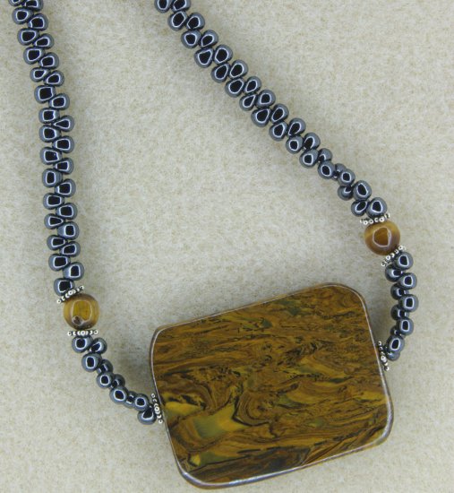 "Tiger Iron Hematite" necklace with tiger iron, glass "hematite" seed beads, and sterling silver