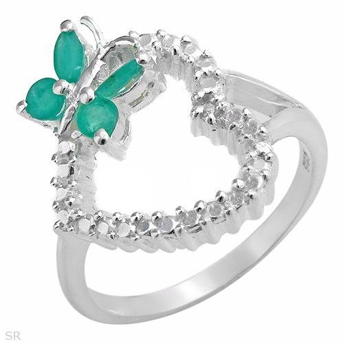 Genuine Diamond and Emerald Sterling silver Ring Sz 6