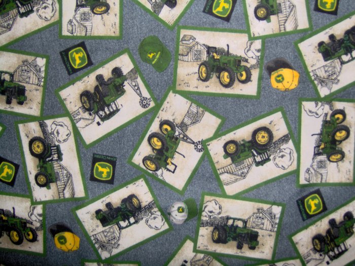 JOHN DEERE Tractor Patches on Blue Denim FLANNEL FABRIC LAST PIECE! 1+ YARD