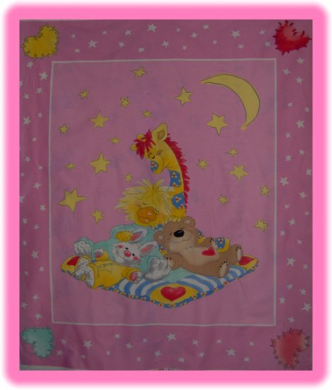 Little Suzy's Zoo Pink Quilt Top Wall Hanging Cotton Kids Fabric Panel
