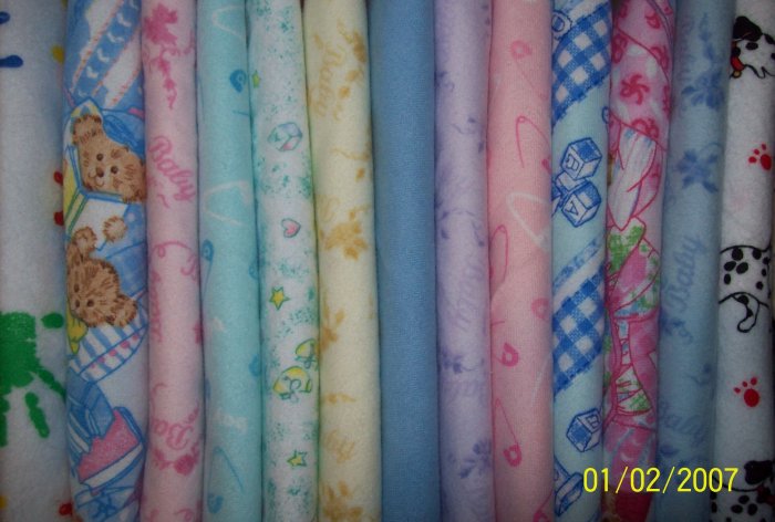 13 Fat Quarters Pink Blue Yellow Green Purple & Primary Baby Kids Flannel Fabric FQ Lot