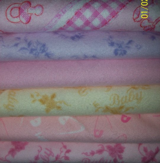 6 Fat Quarters Pastel Pink Purple Yellow Baby Flannel Fabric FQ Lot