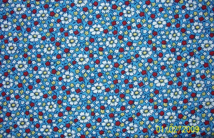 RJR Everything But the Kitchen Sink Daisies on Blue Calico Flowers 1930s Repro Quilt Fabric