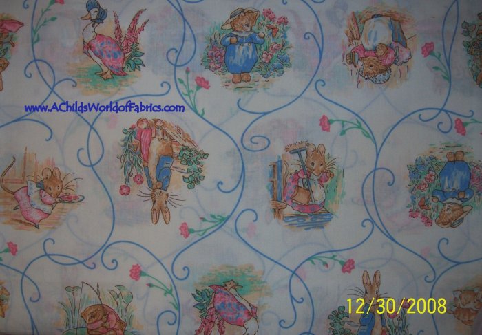 Vintage Beatrix Potter Scenic Vignettes and Scrolls 2 Piece Cotton Quilt Fabric Lot Bundle