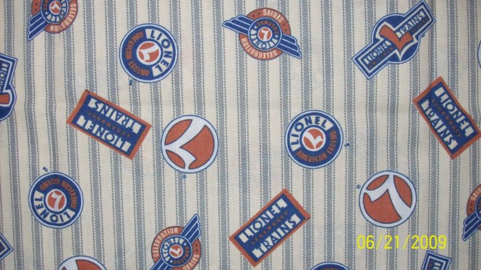 Lionel Train Logo Signs Emblems on Tan Grey Ticking Fabric Fat Eighth F8 F8th