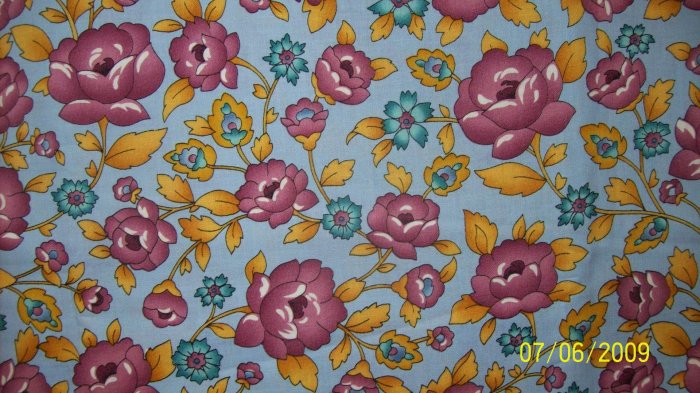Peter Pan American Cottage Little Quilts Purple Flowers on Blue Fabric 1 1/2 Yards
