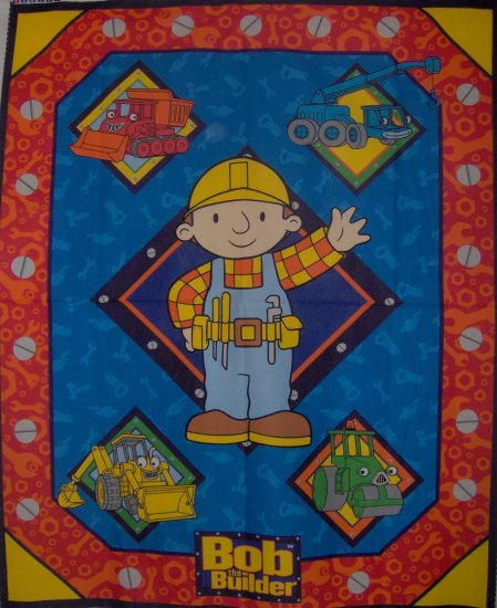 Bob the Builder Quilt Top Kids Cotton Fabric Panel PLUS Character Toss on Blue Fabric